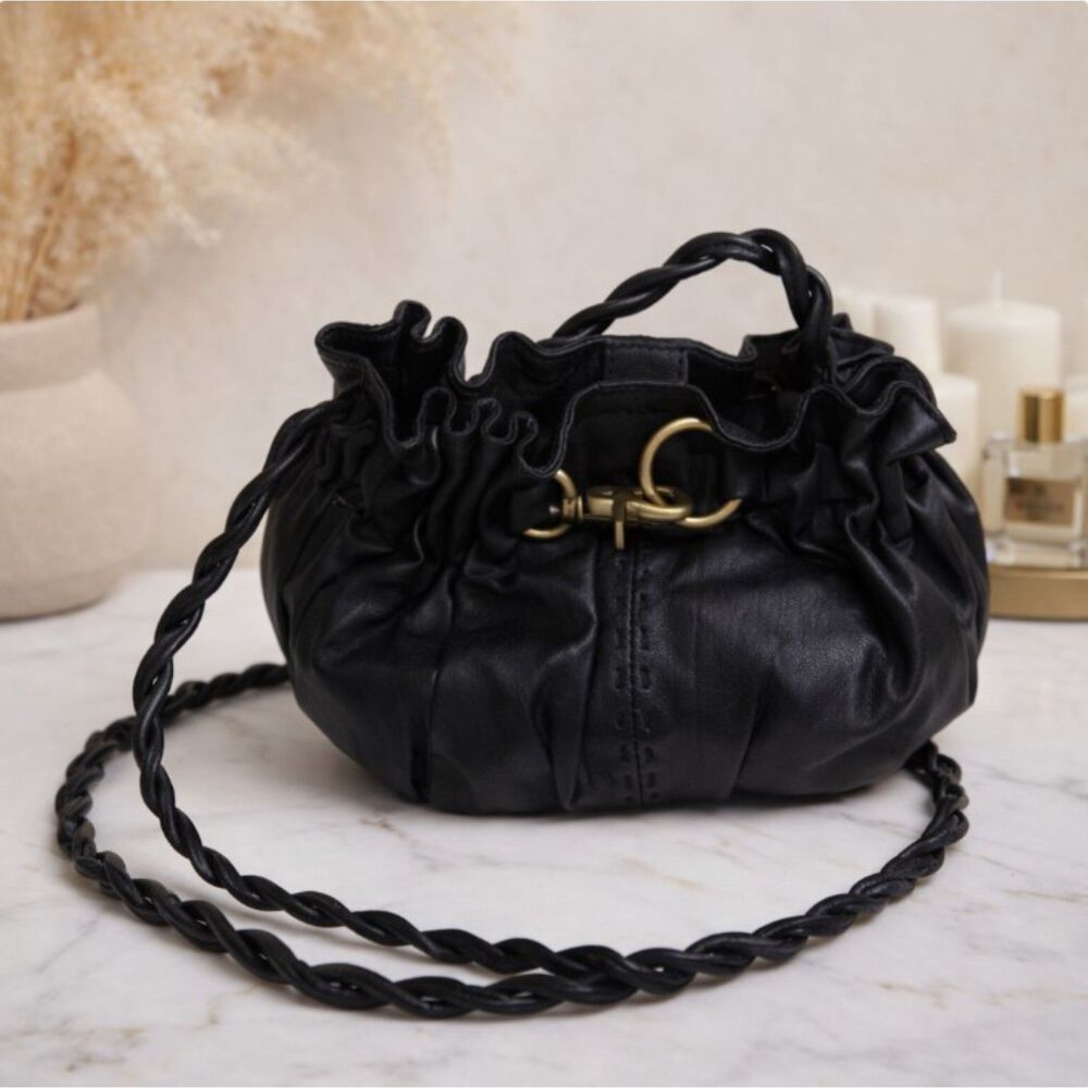 Adrienne Vittadini Black Leather Crossbody Bucket Bag Braided Strap Small